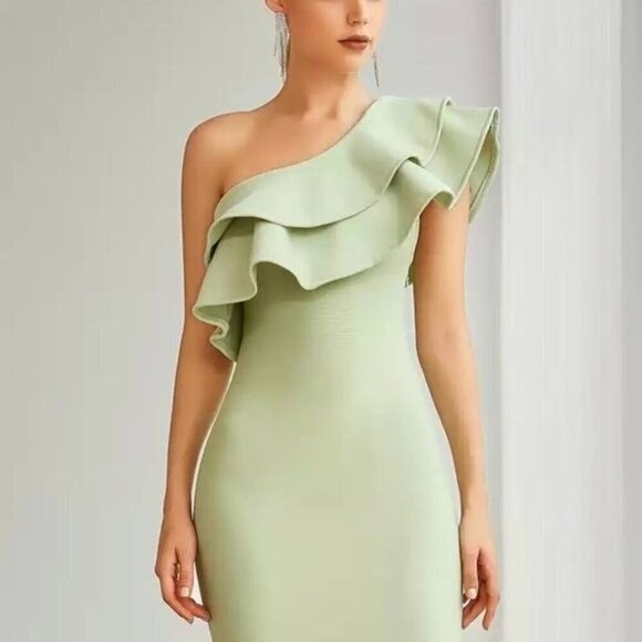 One Shoulder Ruffles Mini Bandage Dress Sexy Sleeveless Green - Picture 4 of 7